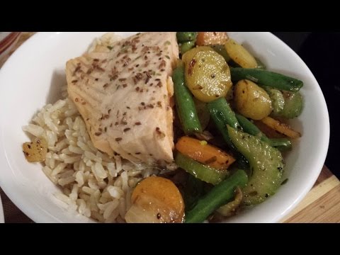 Lemon Poached Salmon with mixed vegetables cooking demo
