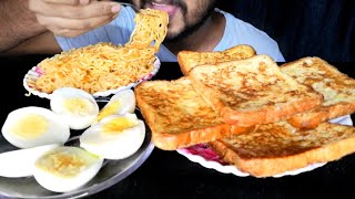 EATING FRENCH TOAST + MASALA MAGGI NOODLES + HALF BOILED EGGS | BIG BITES ASMR | INDIAN FOOD MUKBANG