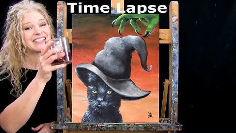 How to Paint Halloween "BLACK CAT AND HAT" - TIME LAPSE - Fun Acrylic Painting and Drawing Tutorial