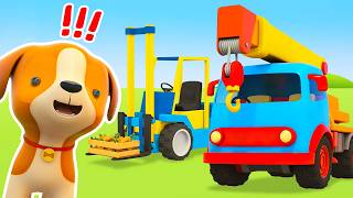 construction vehicles are repairing fence farm cars are