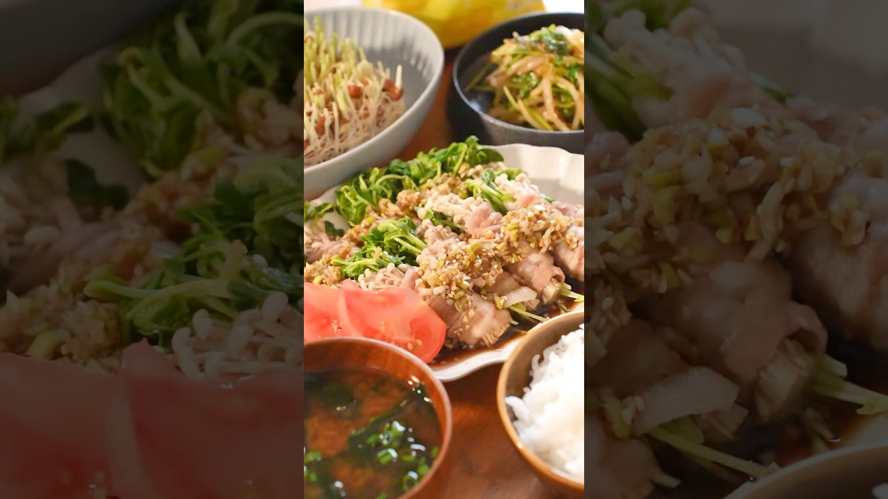 豚バラえのきと豆苗のねぎだくレンジ蒸し#簡単レシピ #豆苗レシピ #晩