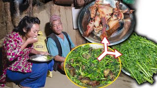 Fiddlehead & Pork Dry meat Recipe Cooking & Eating in Village kitchen | Niguro Recipe | Village vlog