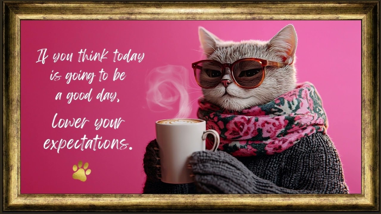 SASSY office cat meme funny screensaver, vintage gold frame TV art