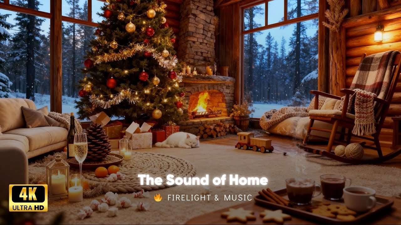 Christmas Cabin Fireplace – Snow, Cocoa & Orchestral Music | Cozy ...