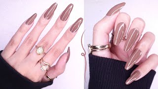 ASMR Nail Routine | Swatching Chocolate Brown Nail Color | Rain Sounds | Long Natural Nails