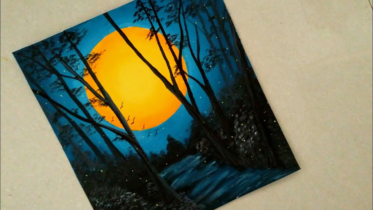 An easy nature night view scenery painting || Sunset Acrylic ...