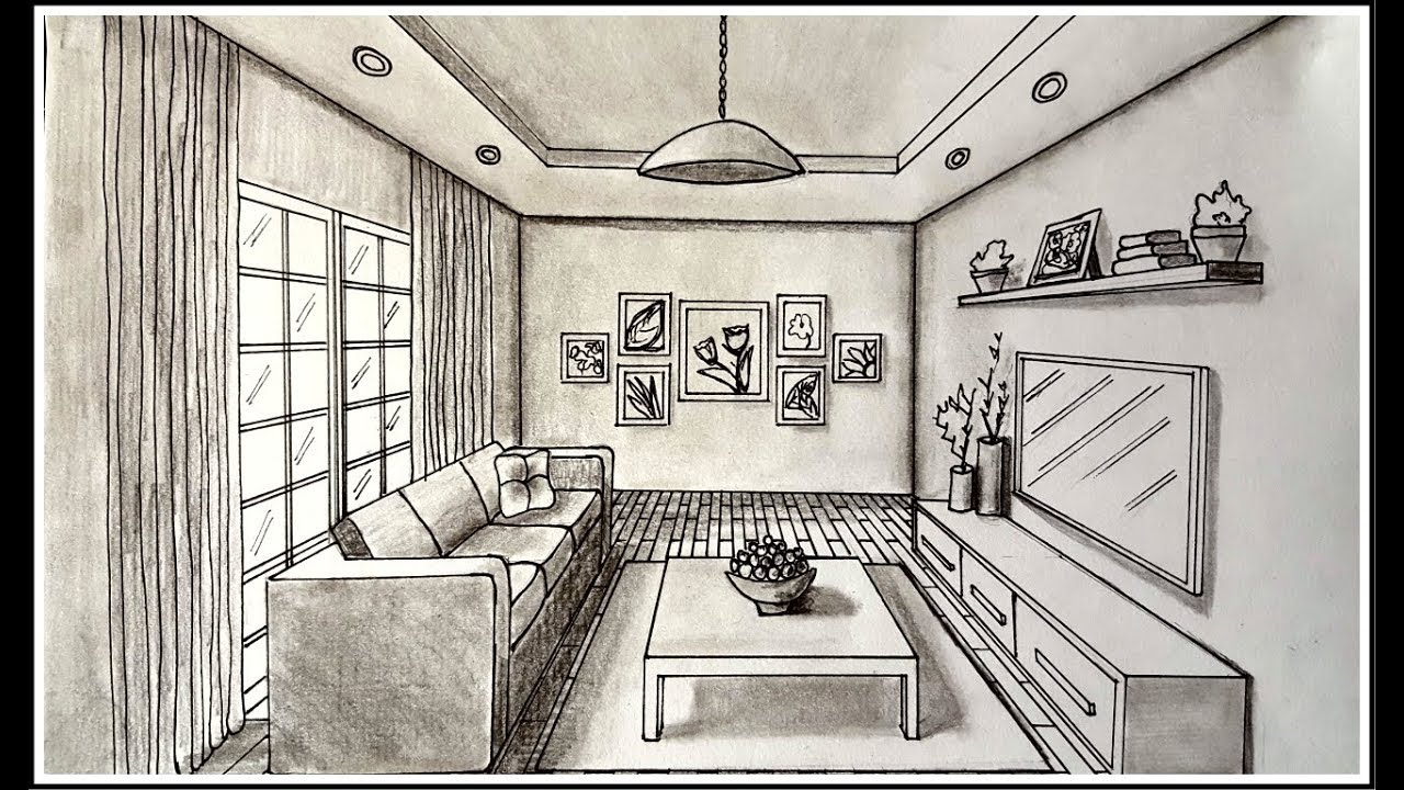 Living Room One Point Perspective Drawing