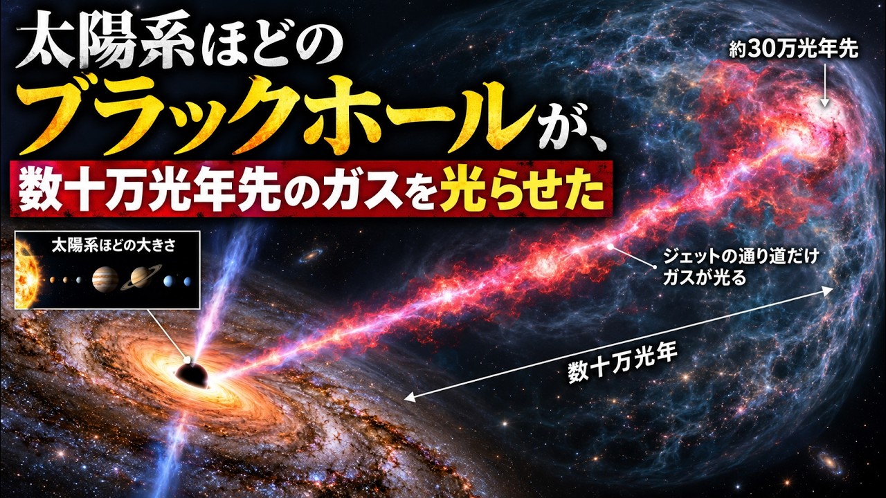 太陽系ほどのブラックホールが、数十万光年先のガスを光らせた