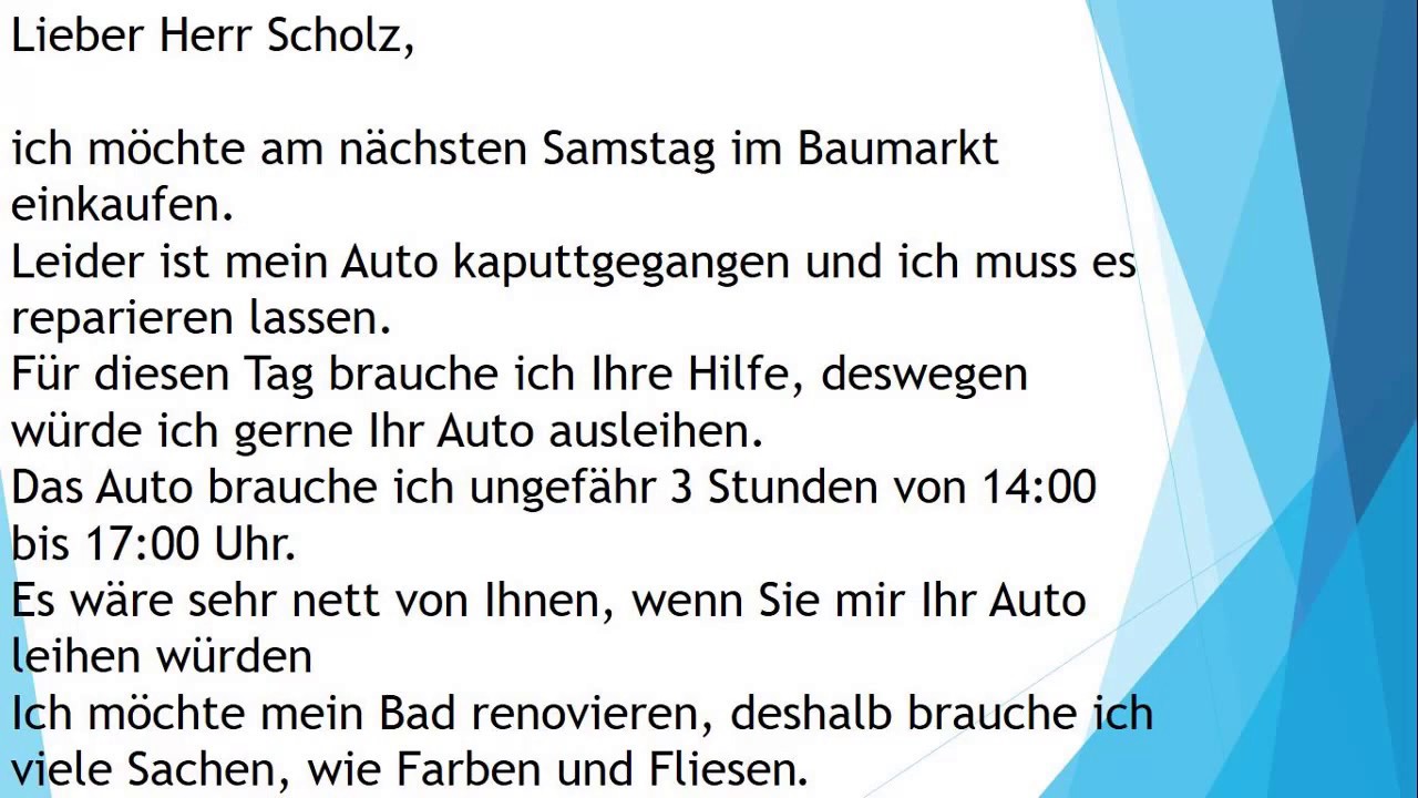 Ein Auto leihen | Brief schreiben zur Prüfung B1 - YouTube