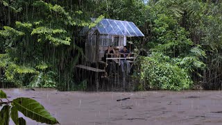 Heavy rain camping  Hit by rain while building a multistorey shelter on the river