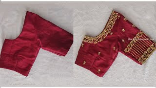 Beautiful Aari work using normal needle on maroon stitched blouse | Maggam work using normal needle