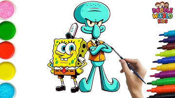 How to Draw SpongeBob & Squidward 🎨🧽🐙 | Easy Colorful Painting for Kids | Cartoon Drawing Tutorial