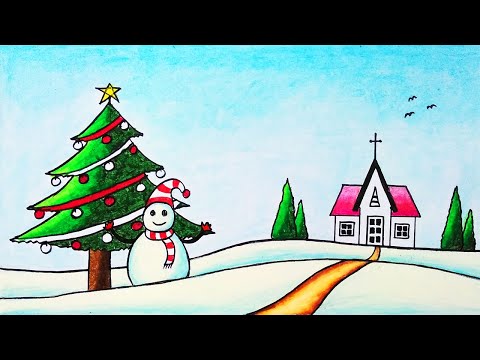 Merry Christmas Scenery Drawing | How to Draw Scenery of Snowman Church and Christmas Tree