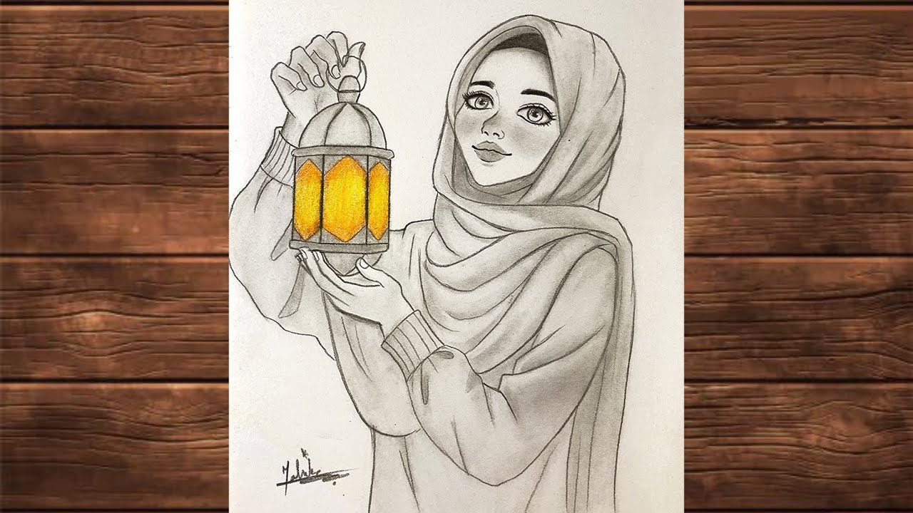 Muslim Girl with Lantern Drawing | Ramadan Special Pencil Sketch Step by Step | Easy Islamic Art