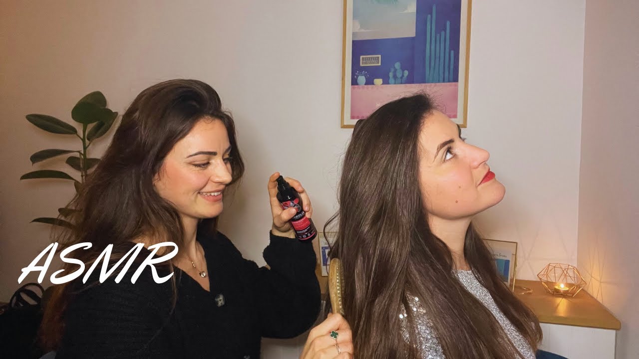 ASMR français☽ je coiffe les cheveux de ma copine et on discute (bruits de brosse, chuchotements..)