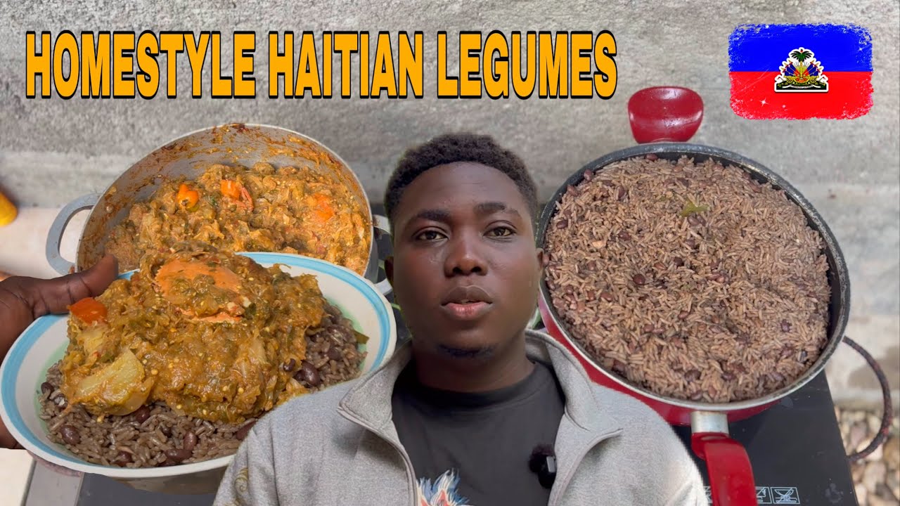 Haitian Food:Outdoor Cooking Black Rice and Beans with Legume