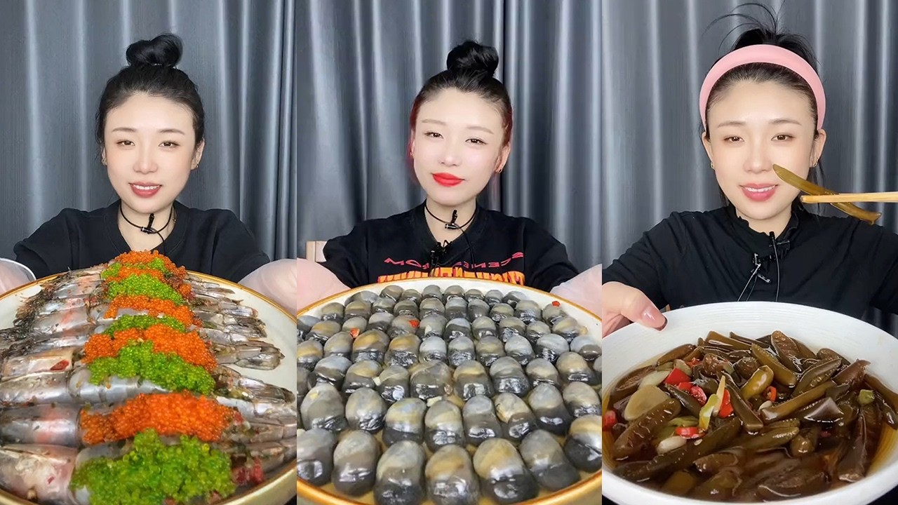 【MUKBANG】Fish roe stuffed shrimp + Mud snail + Hot and sour sea pine mushroom🦐🐟🐚🌶🍋🧄#Seafood#yummy