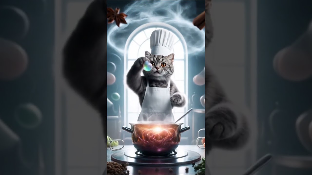 A surreal cat chef with shiny fur cooks