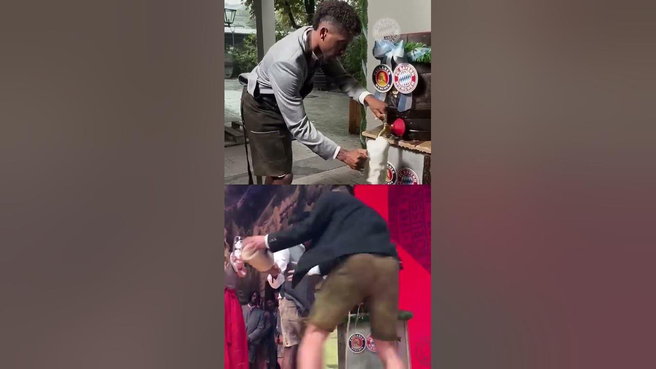Kingsley Coman taps the beer barrel