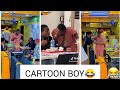 Cartoon boy prank eating strangers food