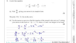 EDEXCEL IAL P1 new Specimen Paper 2018 Q3  Differentiation, Equation of Normal