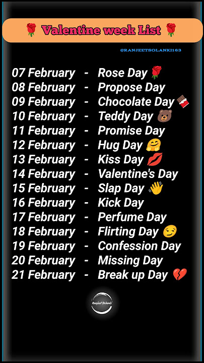 Velentine's week list 2025 | वैलेंटाइन्स डे | Velentine day #velentine_day #shorts