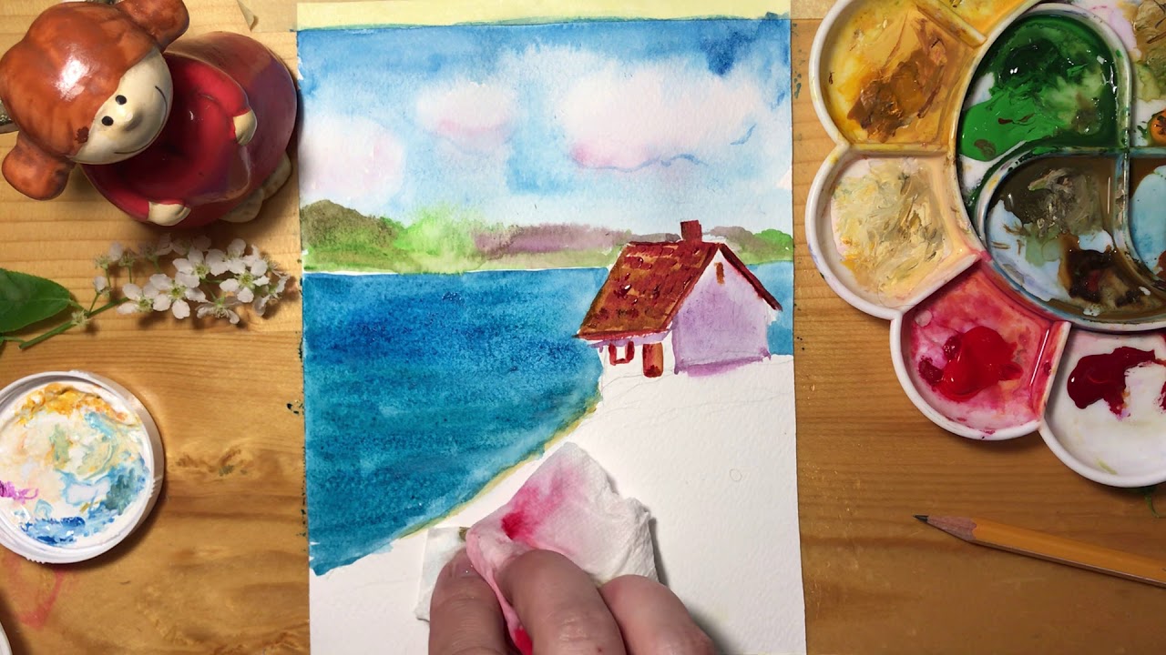 ДОМИК У МОРЯ. Акварель. Рисование для детей и взрослых. - YouTube
