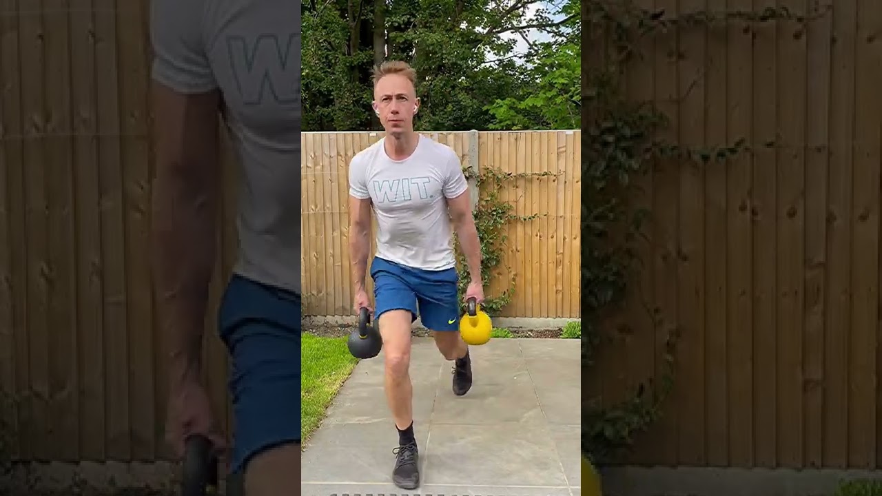 Kettlebell reverse lunge with duel suitcase hold // kettlebell split squat // double kettlebell