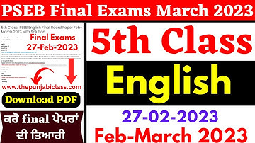 5th class English Exam Paper 2023 I 27 Feb 2023 I 5th class pseb english model paper I 5th English