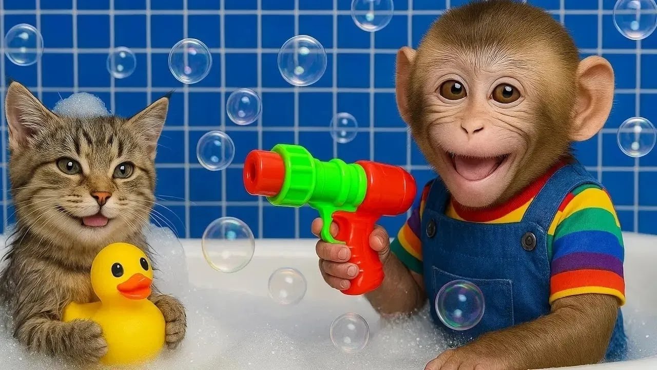 Baby Nini saves fallen rainbow strawberries on the road with kitten | Nini Monkey Farm