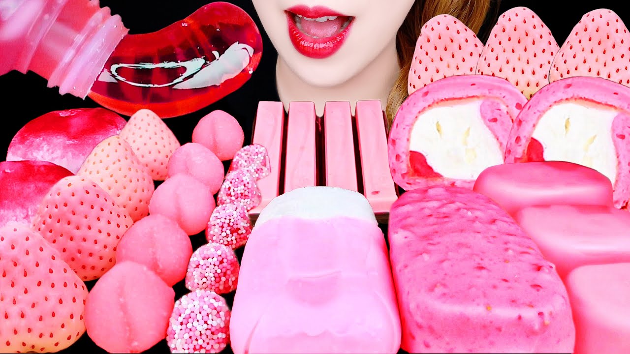 ASMR FROZEN STRAWBERRY, HONEY JELLY, HEART MARSHMALLOW, PINK ICE CREAM