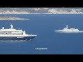 Turkish navy ada class corvettes f 513  f 511  f 512 passing chios strait