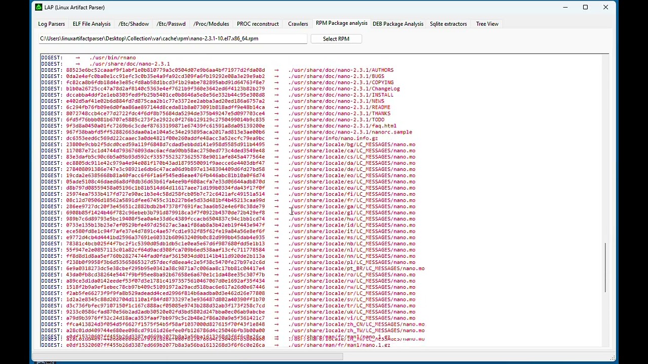 Analysis of .RPM and .DEB installation packages with LAP - Linux Artifact Parser