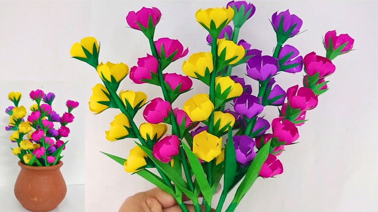 DIY Colourful Paper Flower Bunch With Vase | Easy Paper Craft Ideas | Handmade Home Decoration 