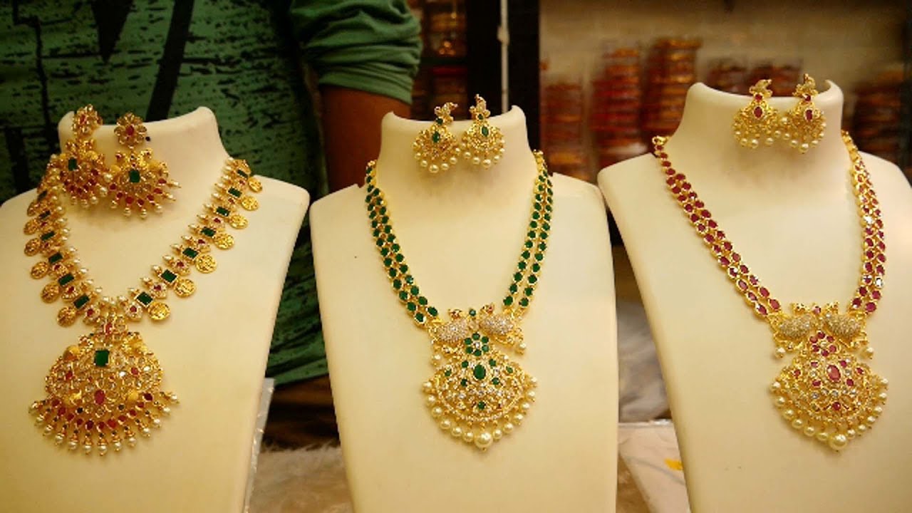 1 Gram Gold Cz Necklace Sets With Beautiful Stone Work  - YouTube