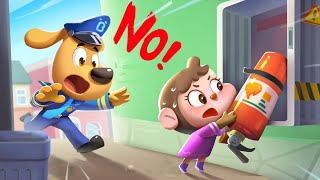 dont play with fire equipment safety cartoon police kids cartoon sheriff labrador babybus