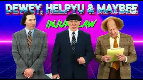 Advertentie voor de advocatenkantoren van Dewey, Helpyu en Maybee, met Three AI Stooges