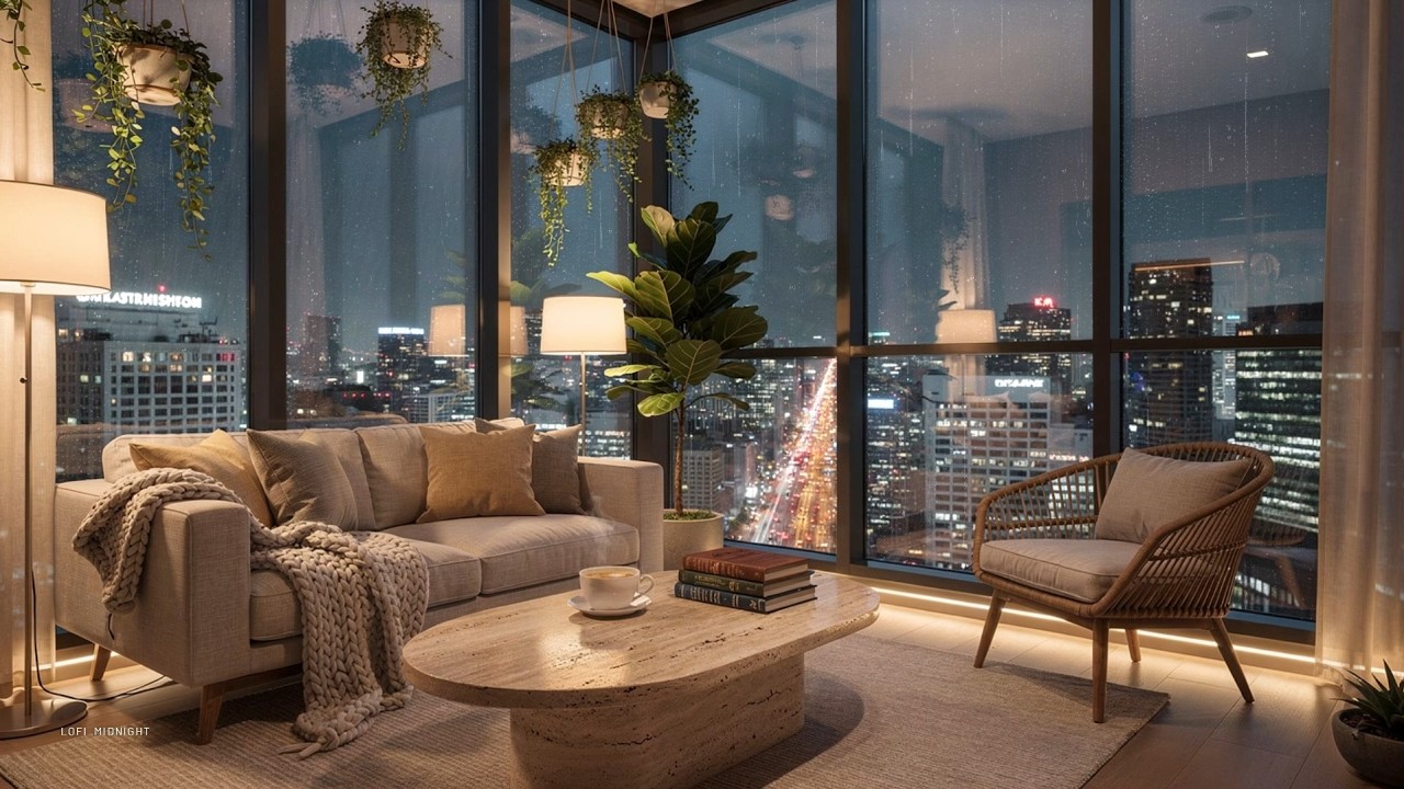 Cozy Room with a City View ☕ Chill Lofi Beats & Late Night Rain Ambience | Study, Sleep