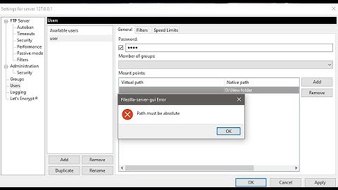 FileZilla server 1.0.1 setup, Path must be absolute error fix.