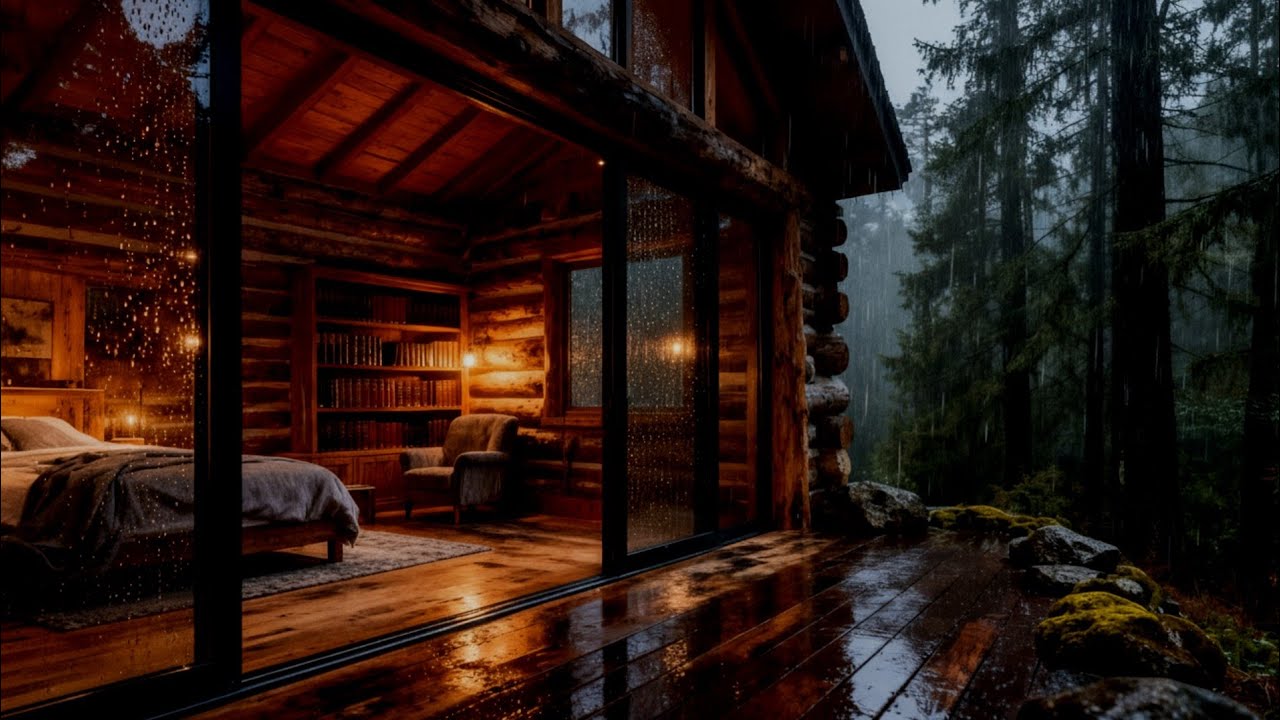 Cozy Cabin Night 🌲 Heavy Rain & Gentle Thunder Sounds for Deep Sleep ...