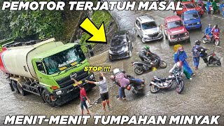 Menit Menit Mengerikan Pengendara Motor Terjatuh Masal, Tumpahan Minyak Sitinjau Lauik Kacau Total