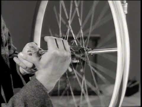 A spinning bicycle wheel