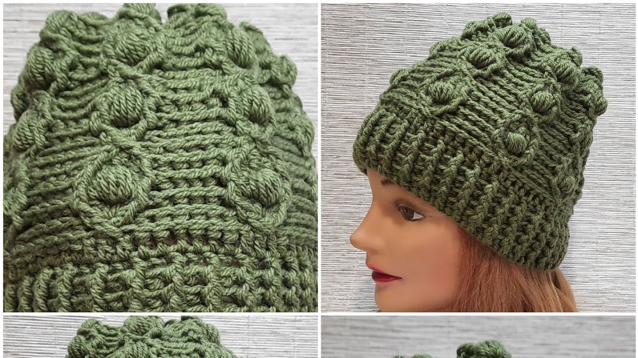 Шапка крючком с узором из рельефных и пышных столбиков❤