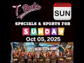 T-Backs Sports Bar and Grill Sports Schedule and Hot Dog Special for Sunday October 05, 2025