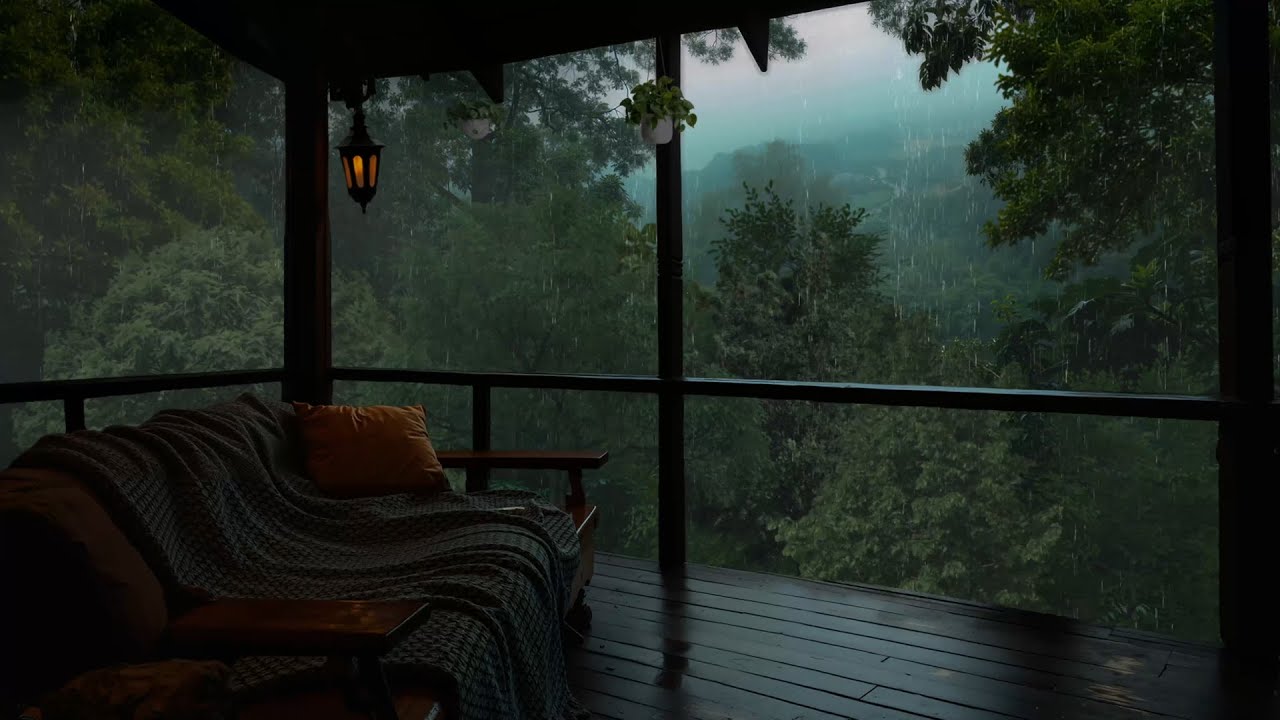 Cozy Rainy Balcony | Wooden Cabin Ambience with Rain Sounds and ...