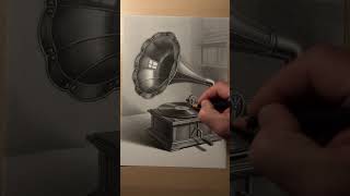Gramophone Horn: A brass gramophone horn has sweeping reflections a record disc with fine grooves