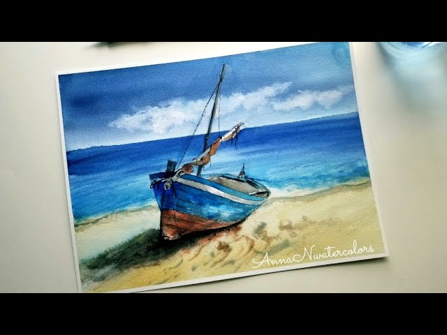 Watercolor SEASCAPE - BOAT on The Beach Painting Demonstration