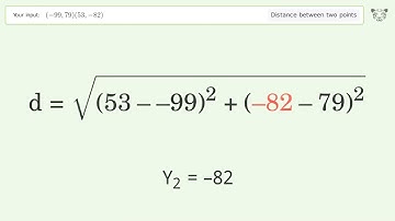 Find the distance between two points p1 (-99,79) and p2 (53,-82): Step-by-Step Video Solution