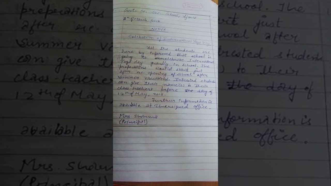 Celebrating International Yoga Day Notice Writing CBSE RBSE BOARD