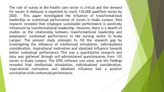 Famous Transformational Leadership and Contextual Performance A Quantitative Study among Nursing Staff in K Net Worth